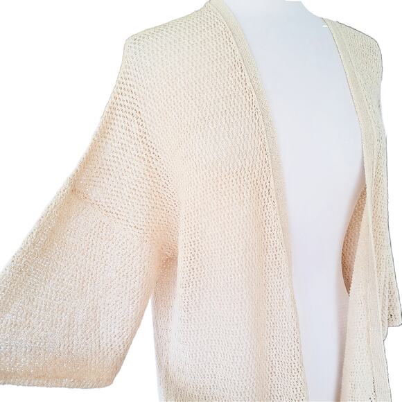 EILEEN FISHER Cream Natural Open Knit Long Cardigan Sweater Medium 3/4 Sleeve - Picture 4 of 8